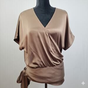 Escada Womens Pebbled Silk Draped Wrap Blouse - M Brown